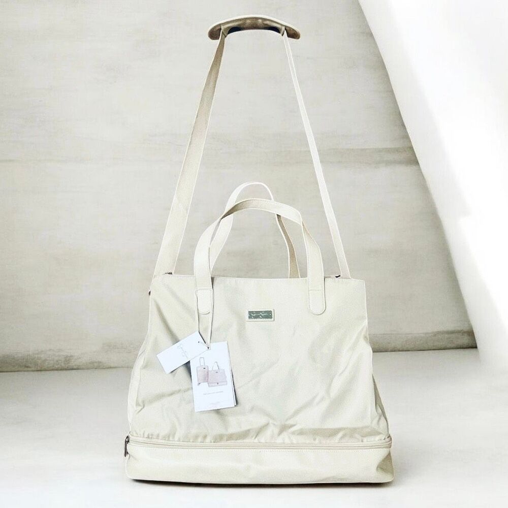 NWT Jessica Simpson cream Nylon Pu Leather Multi Pockets Weekender Duffle Bag - Picture 16 of 16